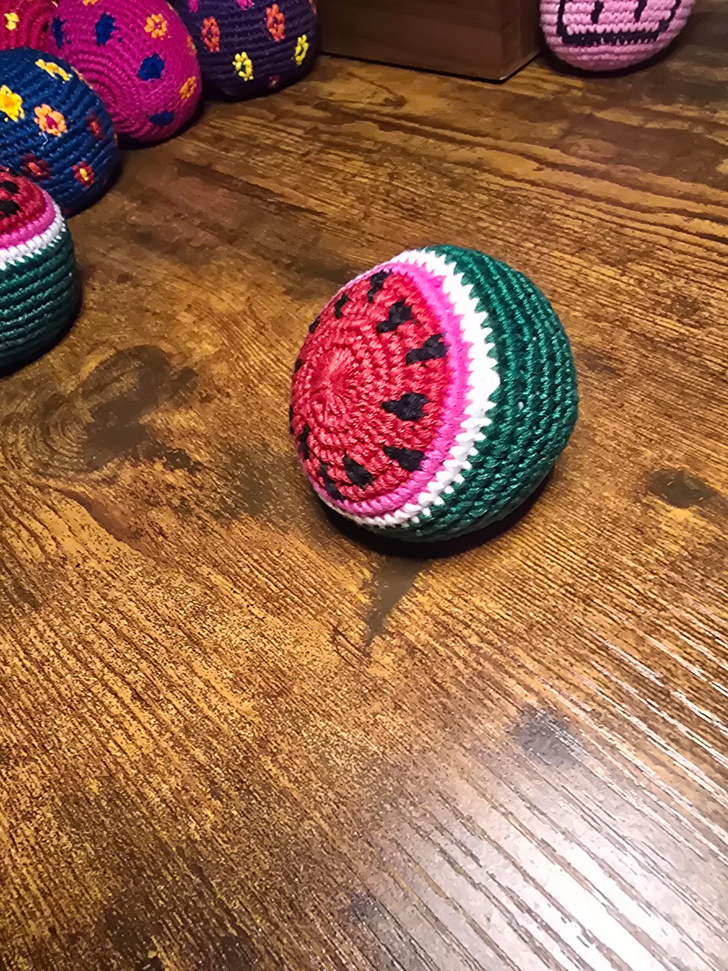 Watermelon hackysack footbag